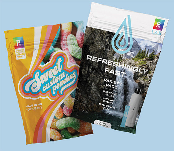 Two custom stand-up pouches on a light blue background: a yellow Sweet Custom Pouches bag with gummy candy imagery, and a Refreshingly Fast Variety Pack pouch showing a waterfall and mountain scene, promoting stand-up pouches, layflat pouches, and rollstock film with 24-hour turnaround.