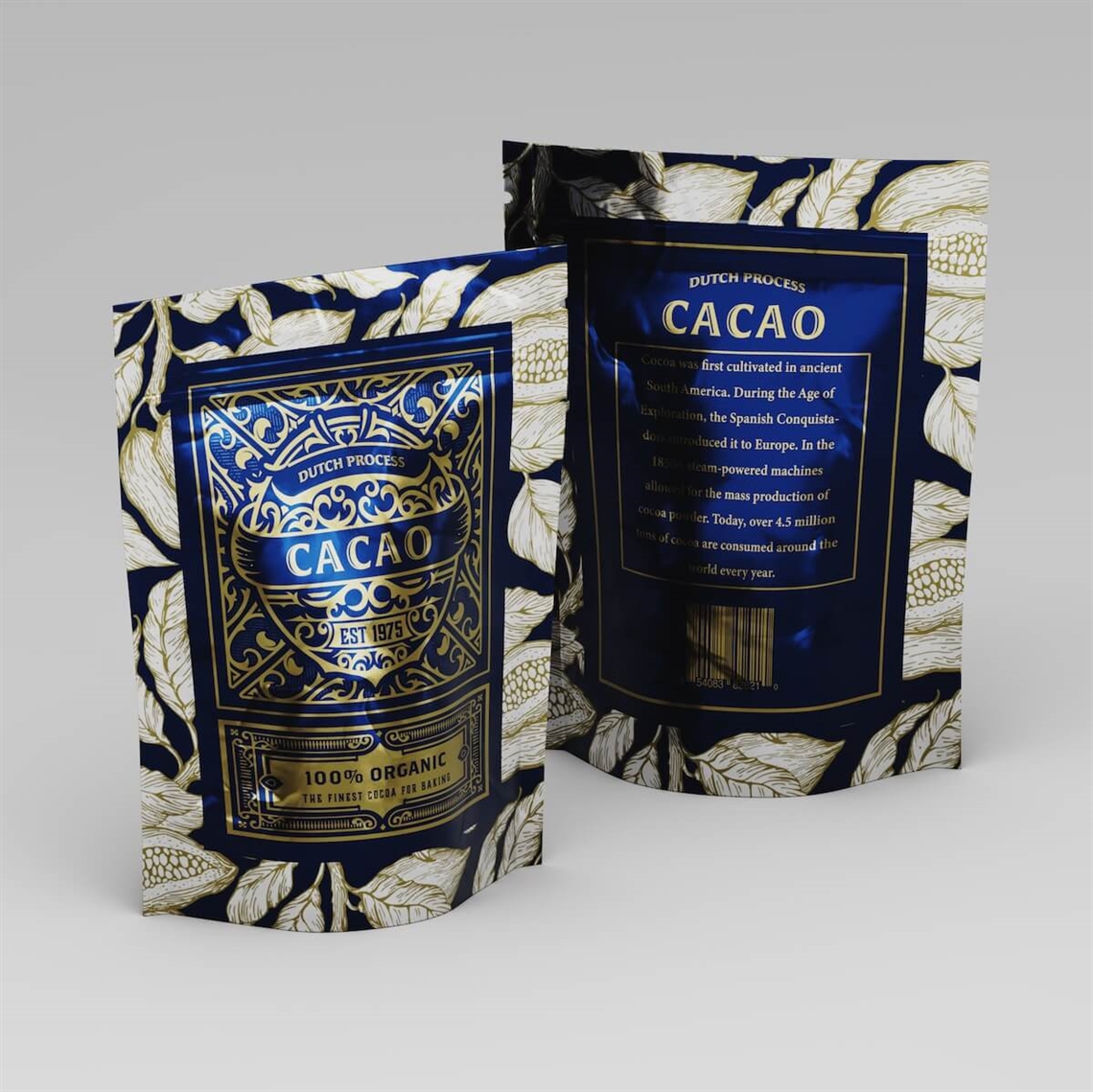 Two custom-printed stand-up pouches with a blue and white patterned design, one labeled Cacao, shown as examples of no minimum order packaging